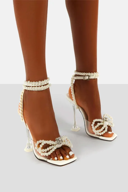 Glimmer White Wrap Around Pearl Detail Bow Square Toe Cake Stand Heels - Public Desire