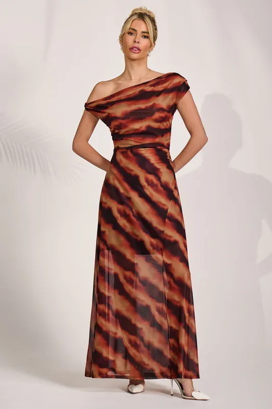Mesh Asymmetrical Off-Shoulder Maxi Dress