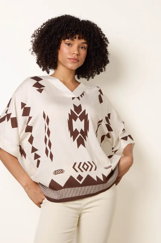 Ecru Linen Geometric Print Top - Blue Vanilla