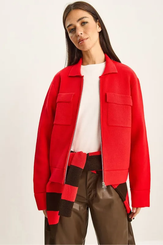 Ribbed Knitwear Cardigan with Zipper and Pockets - Bianco Lucci