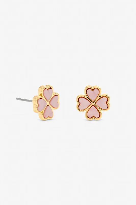 Gold Plated and Pink Heart Clover Stud Earrings - Jon Richard
