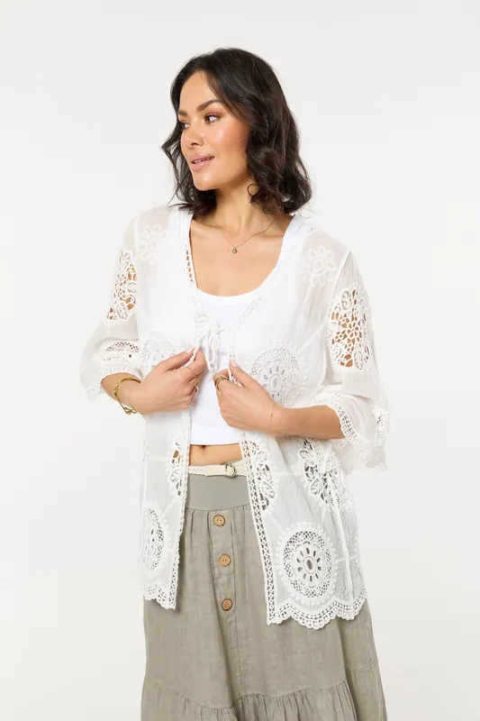 White Lace Crochet Tie Front Kimono - Liquorish