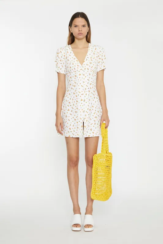 Button Down V Neck Mini Dress - Shnoo