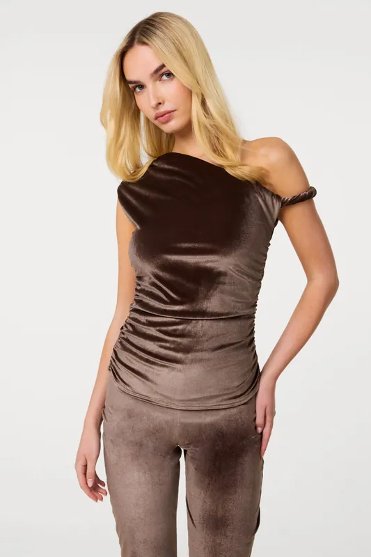 Brown Twist Shoulder Velvet Top - Pink Vanilla