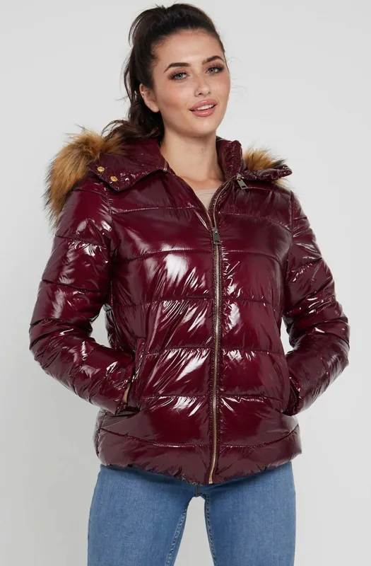 Elastic Waist Shiny Puffer Jacket with Faux Fur on Hood - Love Sunshine