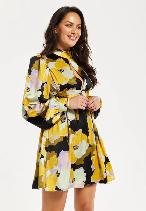 Earth Tone Floral Print Mini Dress - Liquorish