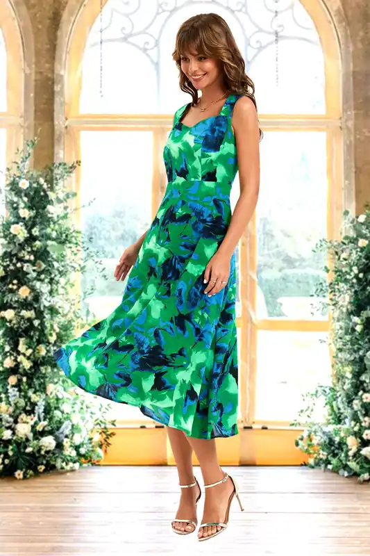 Floral Print Sleeveless Sweetheart Neckline Midi Dress - FS Collection