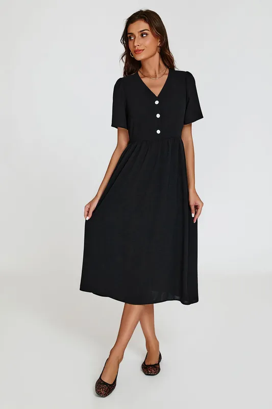 Button Detail Shirred Waist Midi Dress - FS Collection