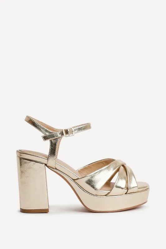 Selene Gold Faux Leather Wide Fit Crossover Platform Heels - Linzi