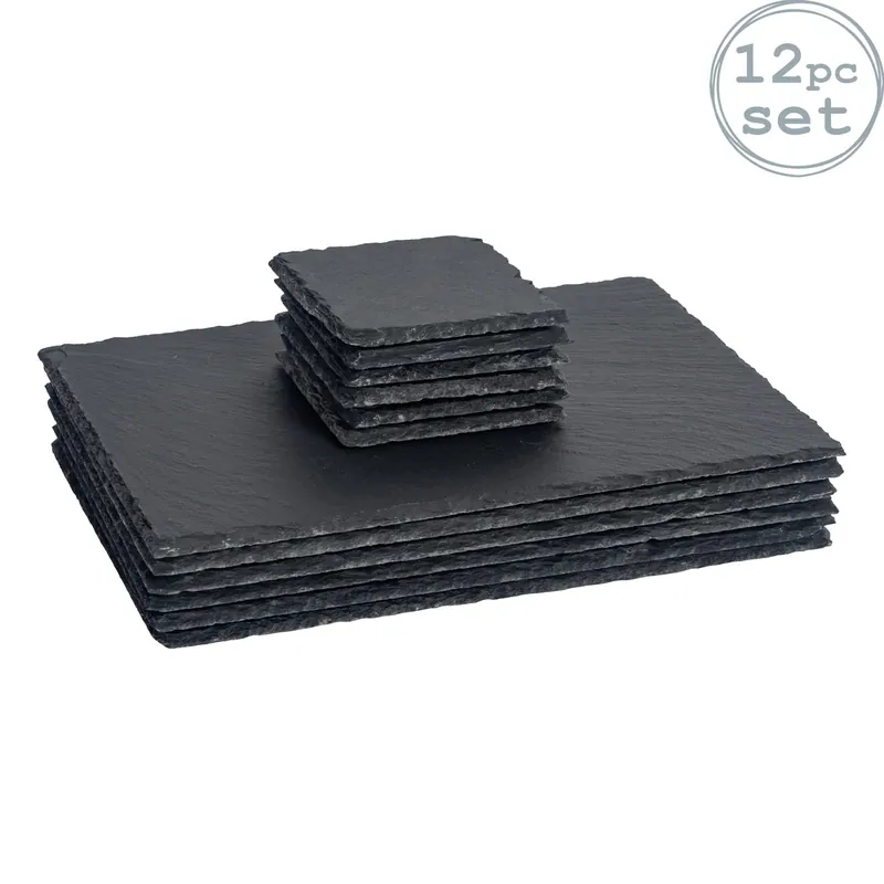 12pc Slate Placemats & Coasters Set - Natural Stone Dining Table Mats
