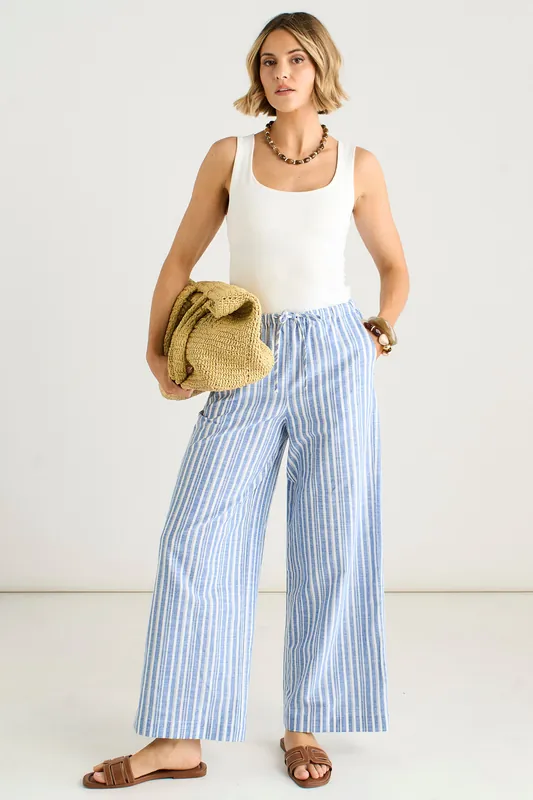 Blue Stripe Linen Mix Stripe Trousers - Gini London