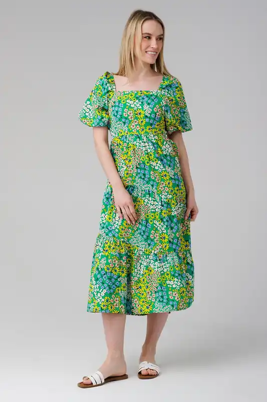 Floral Puff Short Sleeve Square Neck Elasticated Midi Dress - Influence