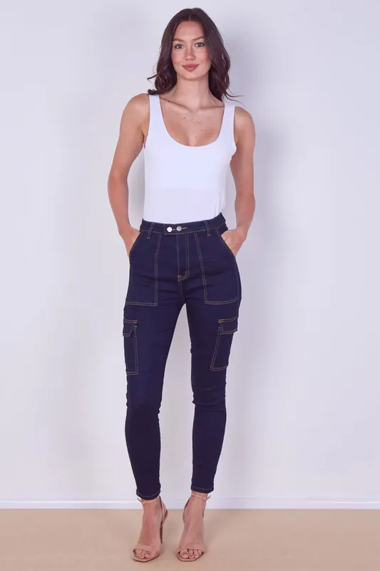 High Waist Cargo Skinny Jeans – Dark Indigo - ELAINA FASHION