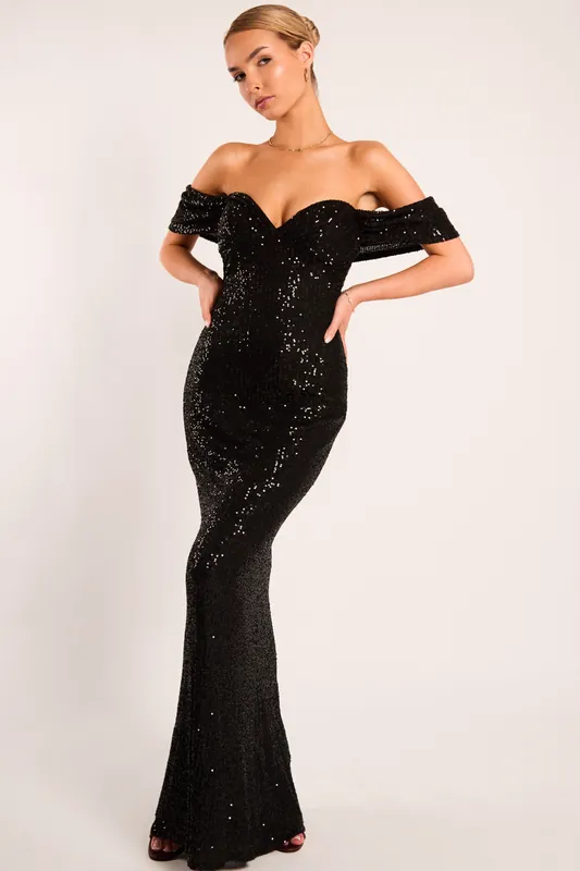 Naiara Black Sequin Sweetheart Shawl Detail Maxi Dress - Jaded Rose