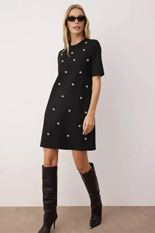 Embellished Short Sleeve Mini Knit Dress - WOVCOR