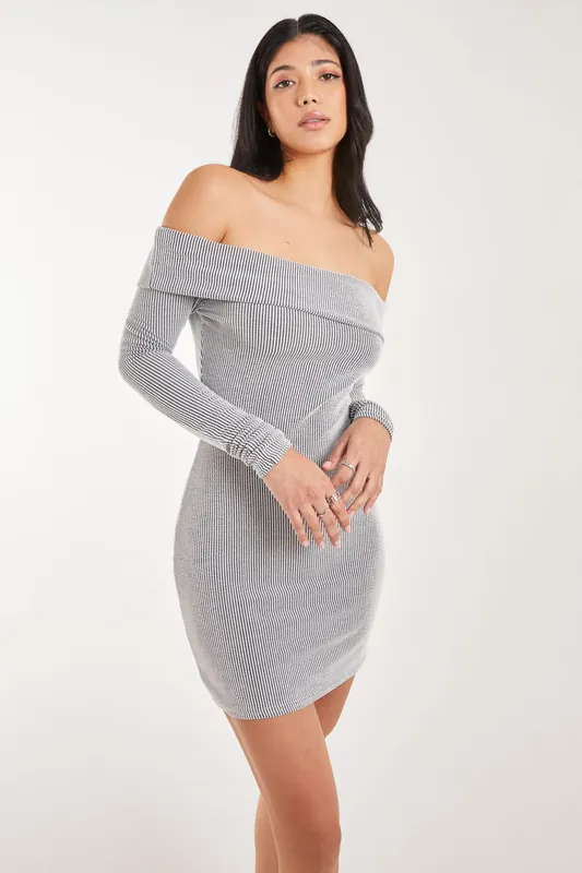 Two Tone Rib Bardot Mini Dress - Pink Vanilla