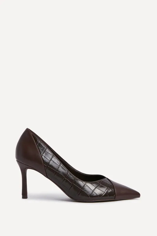 Gaia Brown Faux Leather Mix Croc Court Heel - Linzi