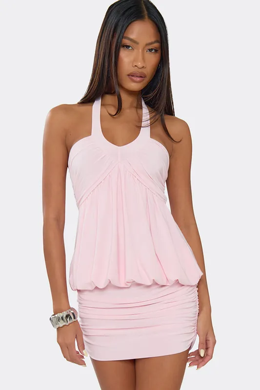 Blouson Style Strappy Ruched Mini Dress - EGO