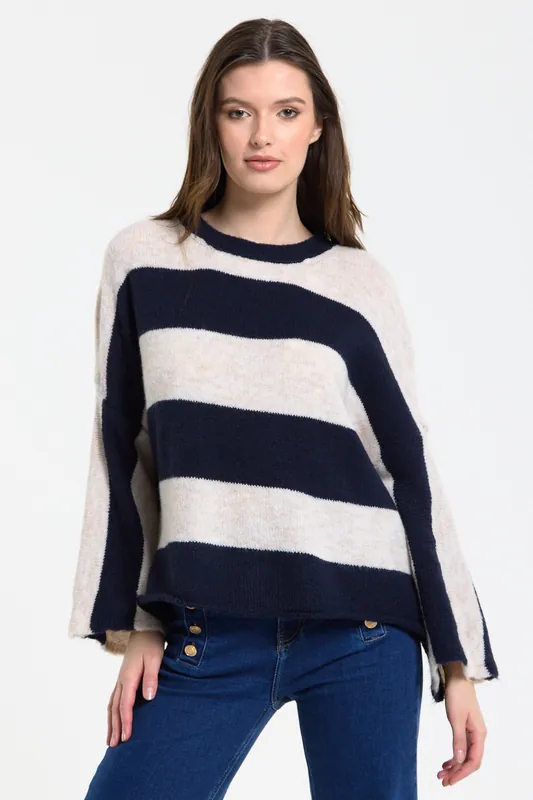 Navy Cream Stripe Wool Blend Jumper - Liquorish