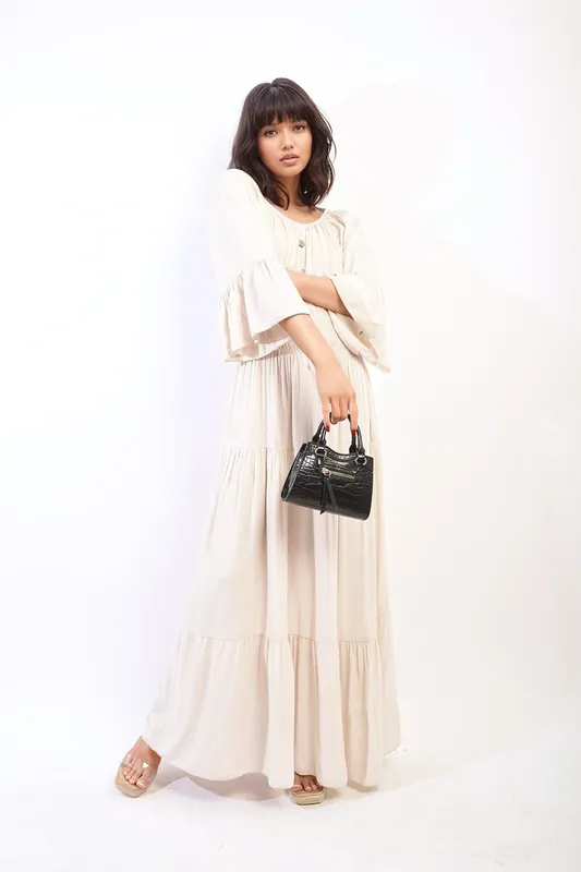 Leah Ruffle Hem Sleeve Shirred Waist Tiered Maxi Dress - IKRUSH