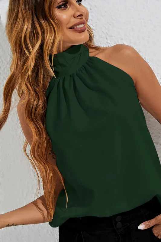 High Neck Sleeveless Blouse with Back Tie Detail In Green - FS Collection