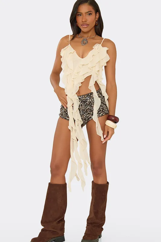 Strappy Straight Neck Frill Trim Cami Top - EGO