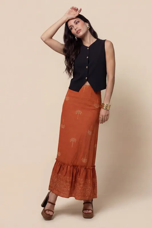 Tirered Maxi Skirt Rust Pattern - Urban Bliss