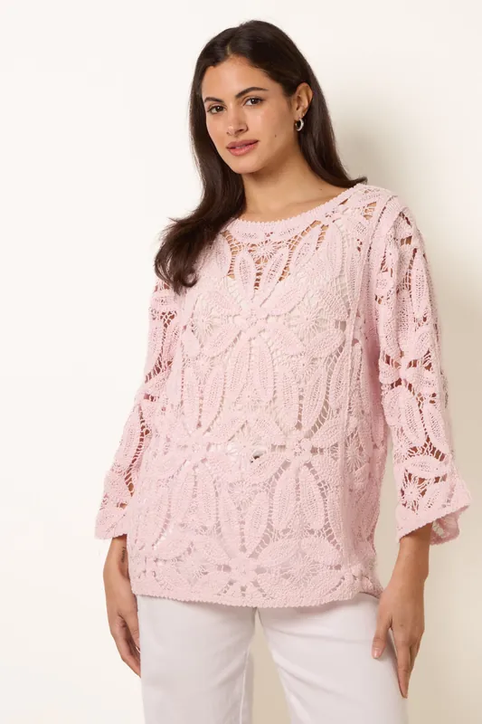 Pink Flower Crochet Long Sleeve Top - Blue Vanilla