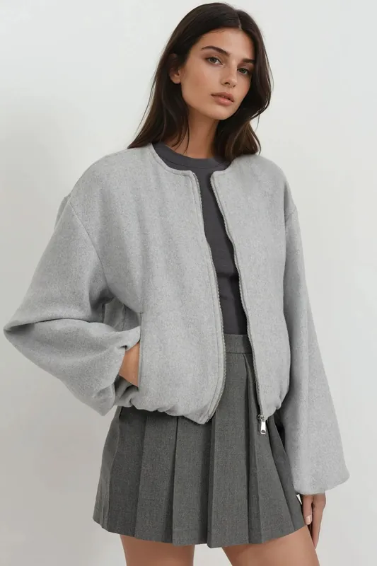 Full-Zip Oversized Textured Bomber Jacket