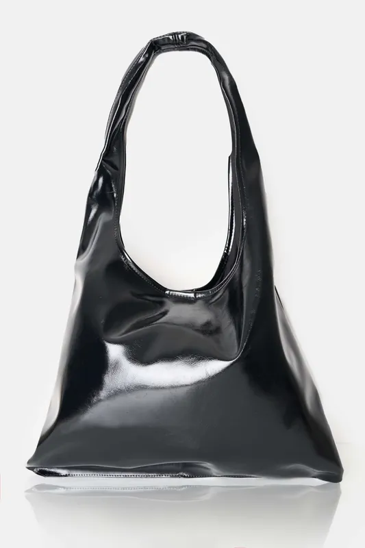 The Shadow Black Patent Slouchy Hobo Tote Bag - Public Desire