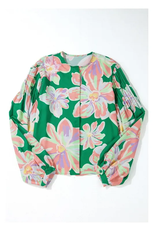 Green Floral Print Button up Pleated Puff Sleeve Loose Shirt - Everyday The Label
