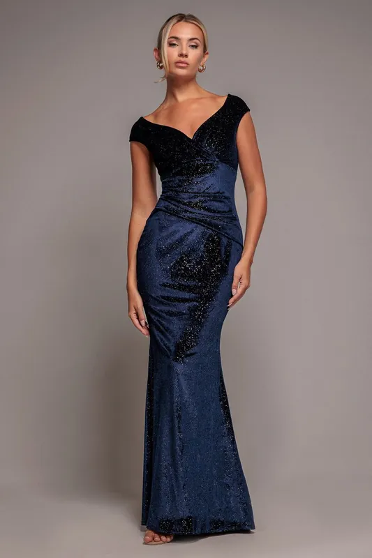 Shimmer Velvet Bardot Maxi Dress - Goddiva
