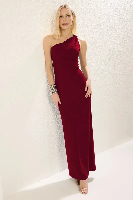 One Shoulder Knitted Maxi Evening Dress with Statement Detail - WOVCOR