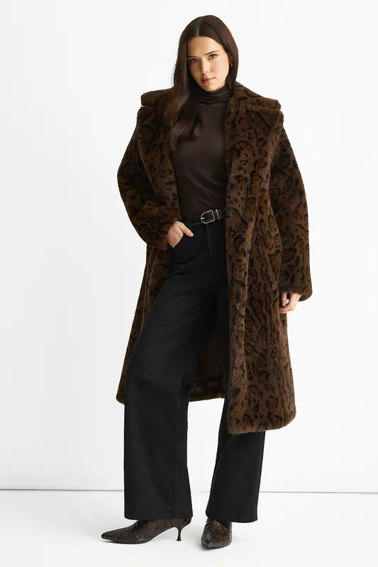 Chocolate Animal Print Premium Faux Fur Belted Long Coat - Gini London