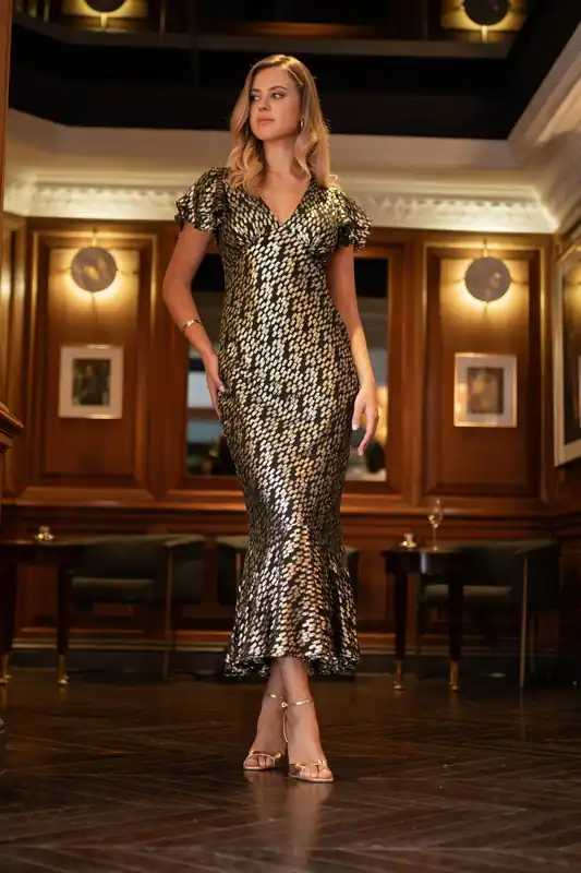 Dark Green Viscose Clipped Gold Jacquard Bias Cut Maxi Dress - Gini London