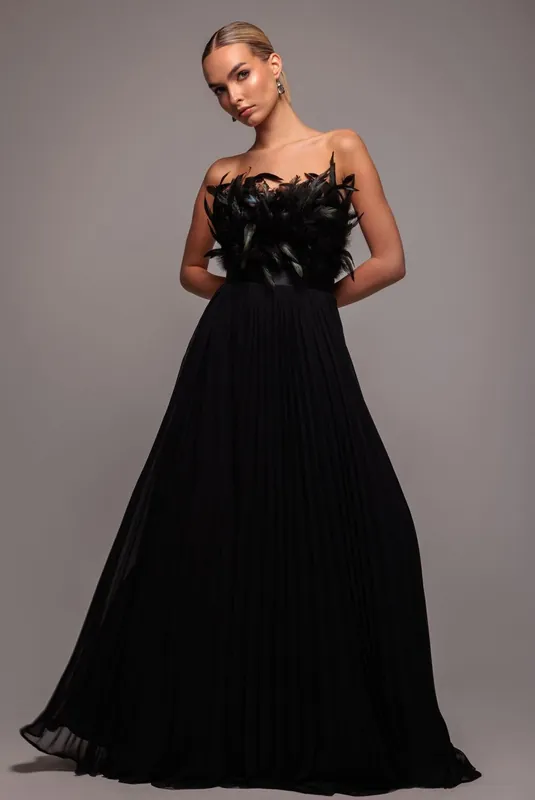 Feather Off The Shoulder Pleated Evening Maxi Dress - Goddiva