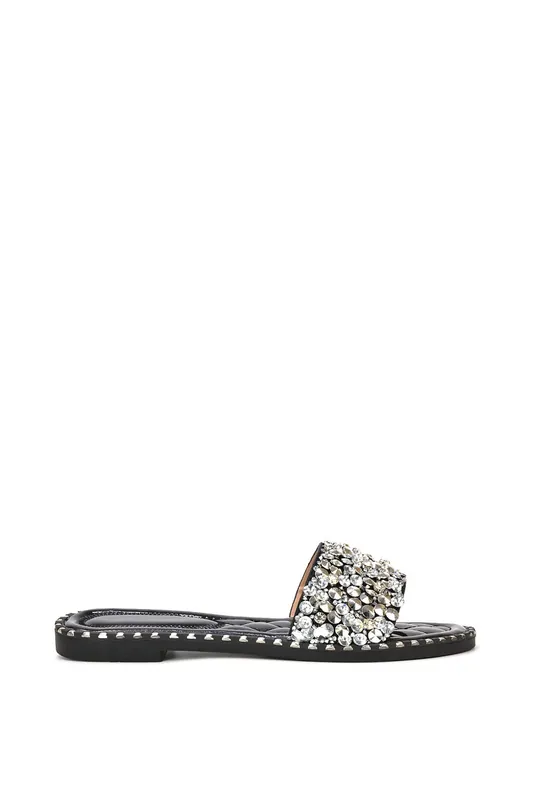 Khaleesi' Jewel Slider Slip On Flat Sparkly Diamante Mule Sandals - XY London