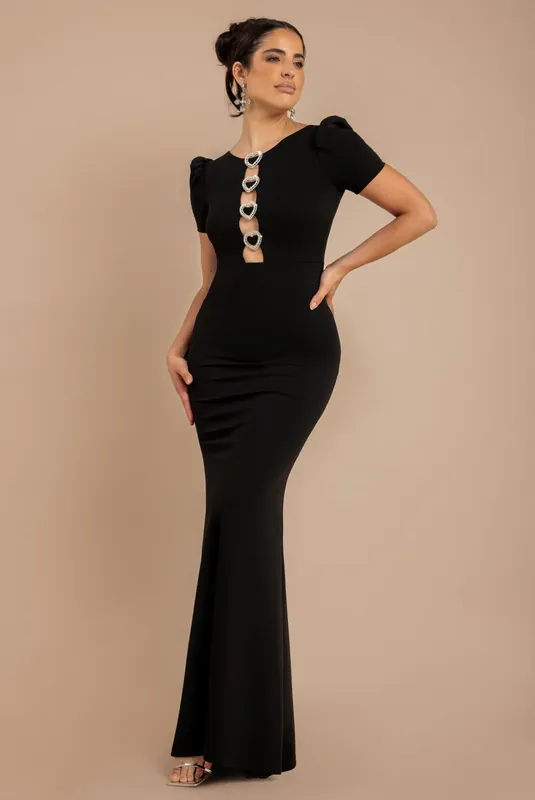 Diamante Embellished Heart Brooch Scuba Maxi Dress - Goddiva