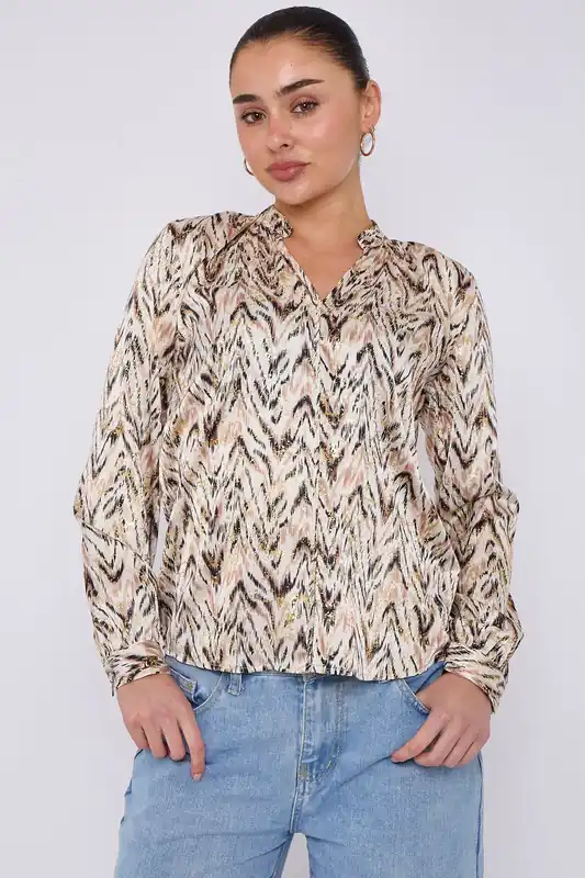 White Aztec Print Gold Foil Dotted Blouse - Love Sunshine