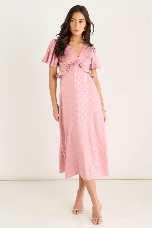 Blush Metallic Foil V Neck Midi Dress - Gini London