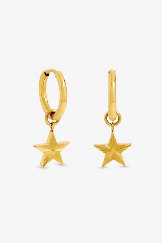 Gold Plated Waterproof Diamond Cut Star Huggie Earrings - Jon Richard