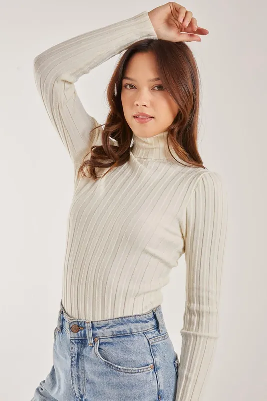 Soft Knit Wide Rib Roll Neck Top - Pink Vanilla