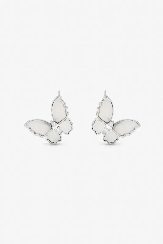 Rhodium Plated and Mother of Pearl Butterfly Stud Earrings - Jon Richard