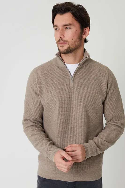 Waffle Knit Raglan Quarter Zip Jumper - Threadbare