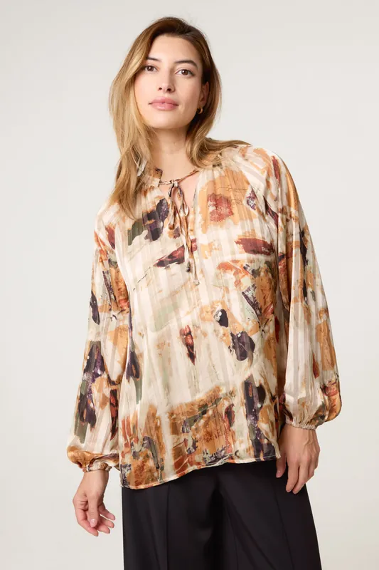 Multi Printed Tie Neck Blouse - Blue Vanilla