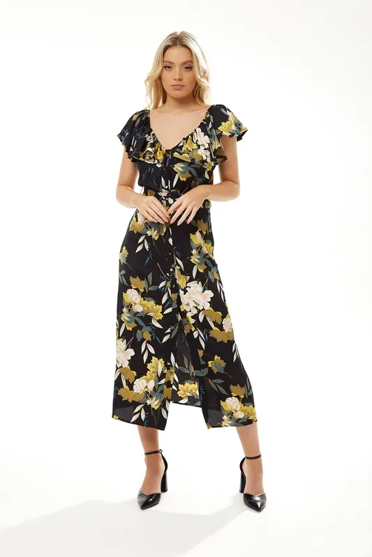 Belted Midi Dress with Off Shoulder Sleeves in Navy Floral Print - Liquorish