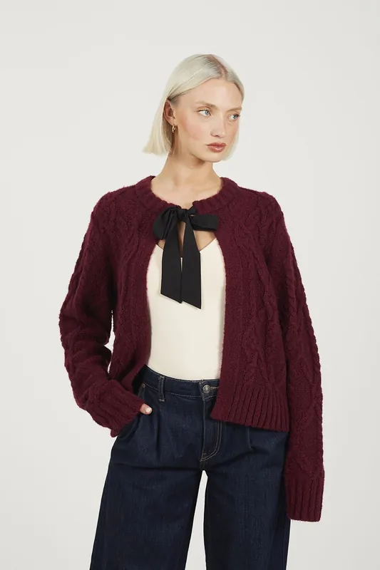 Crew Neck Cable Knit Cardigan With Bow - Brave Soul