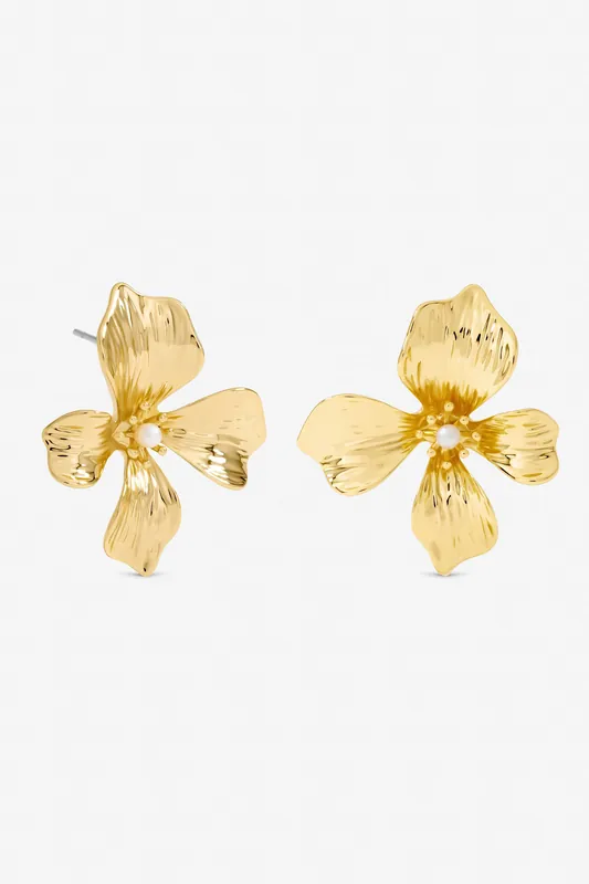 Gold Plated and Pearl Statement Flower Stud Earrings - Jon Richard