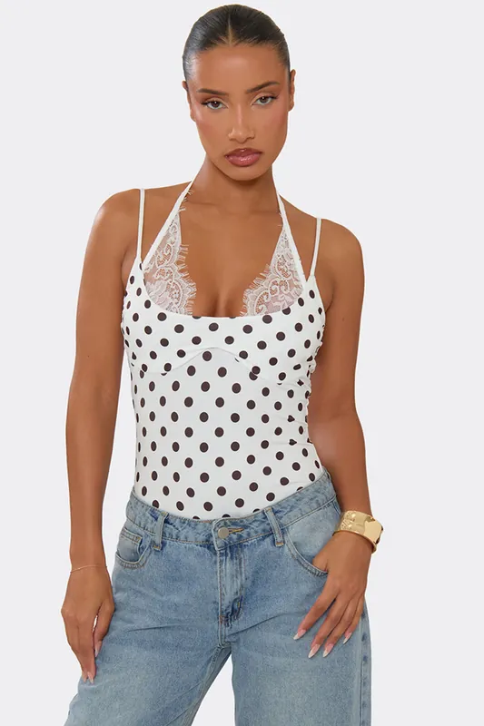 Strappy Sweetheart Neckline Lace Trim Polka Dot Bodysuit - EGO