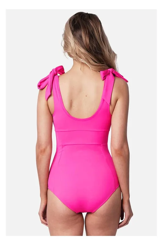 Rose Red Square Neck Knotted Shoulder Open Back One Piece Swimsuit - Everyday The Label